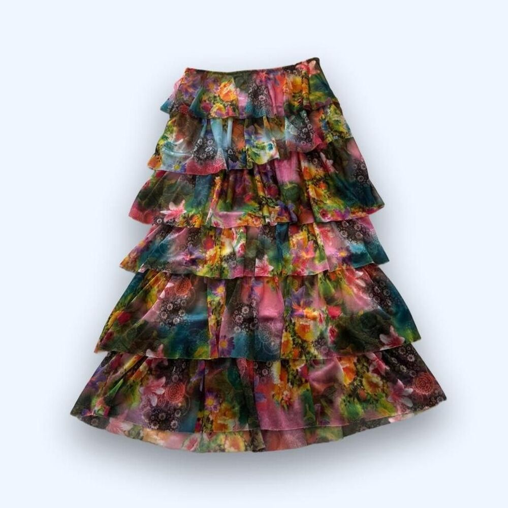 Sharon Tang Vibrant Multicolored Floral Tiered Maxi Skirt Size Medium